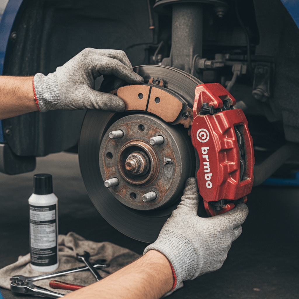 Close up of mechanic hands installing brake pads on car wheel
