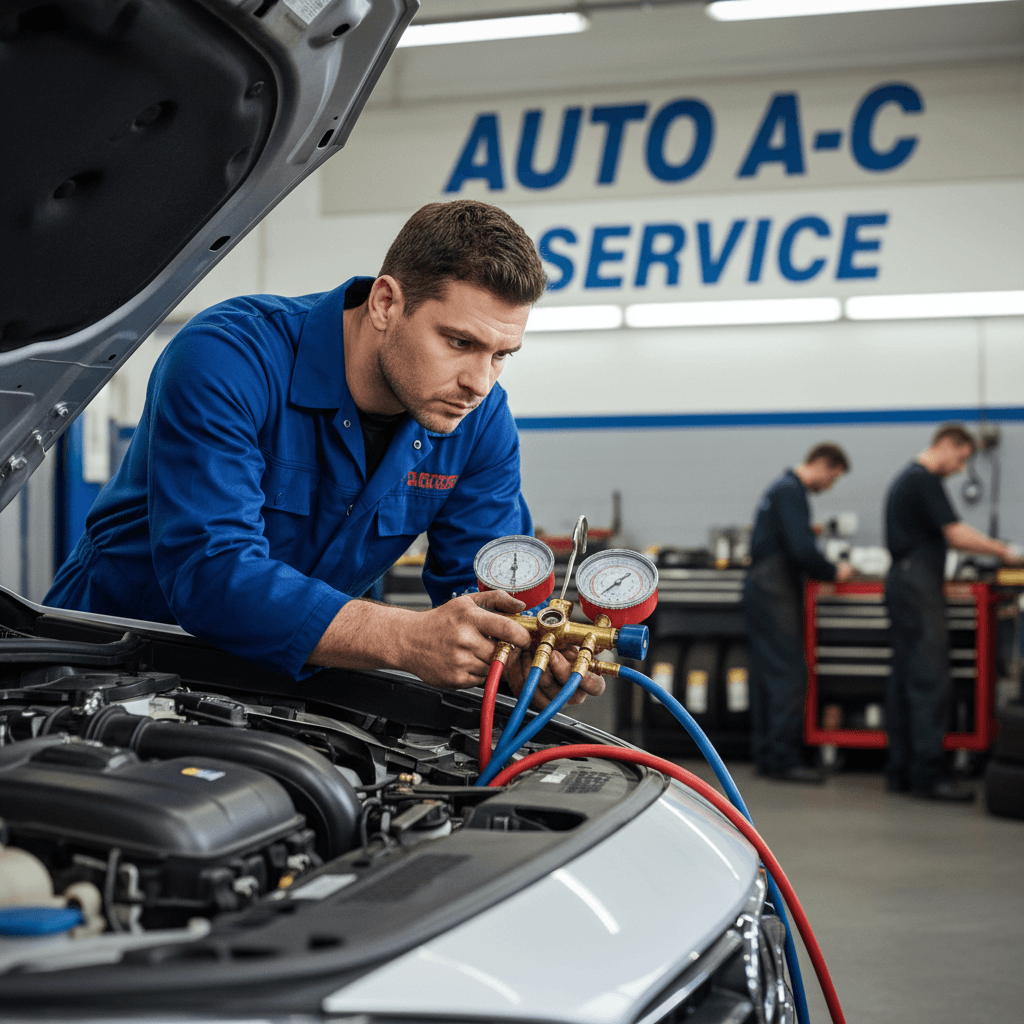 Mechanic checking car air conditioning system with gauge in shop