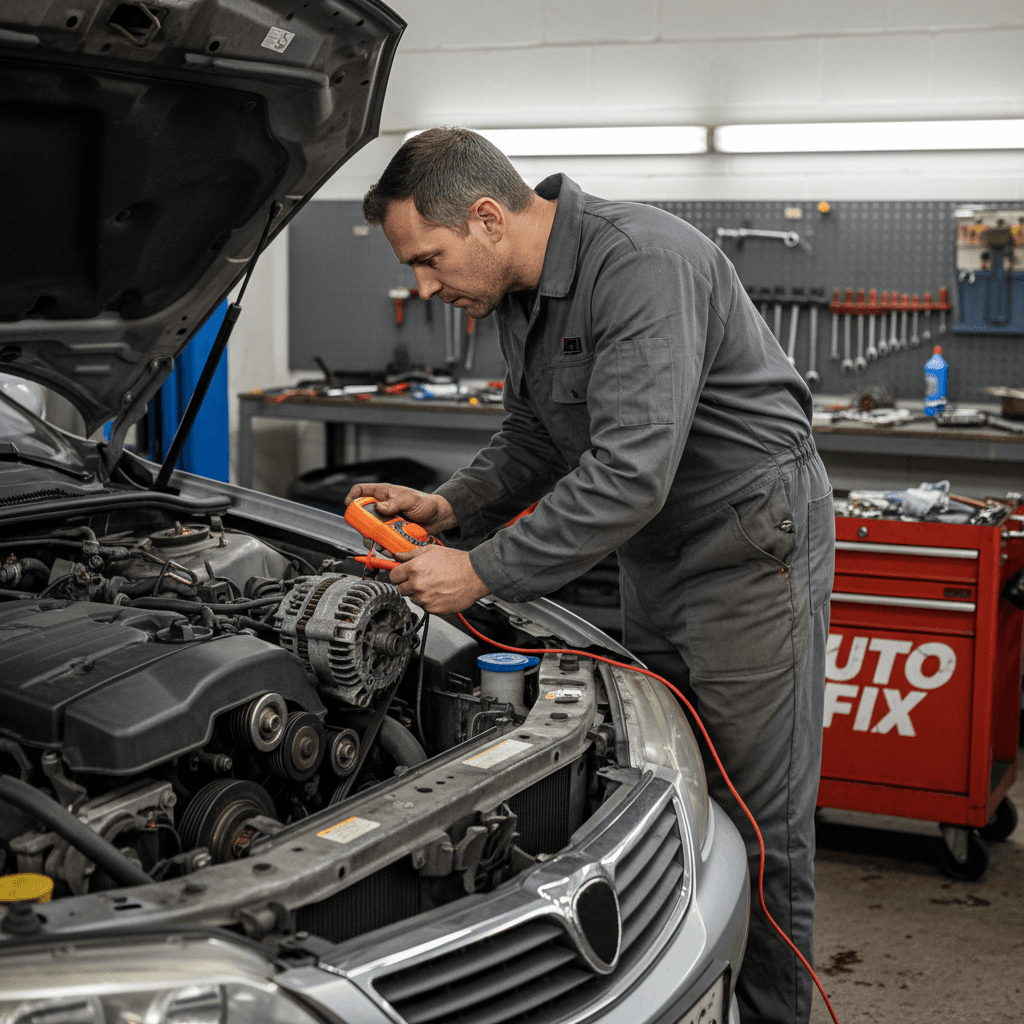 Mechanic testing car alternator with multimeter in auto repair garage