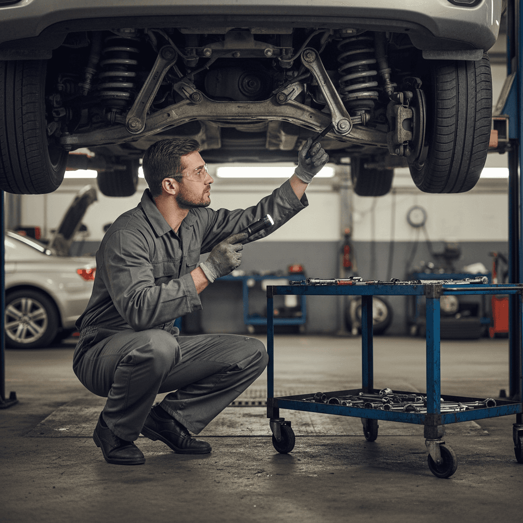 Mechanic inspecting car axle and suspension on lift in workshop