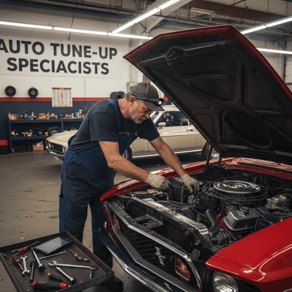 Mechanic performing engine tune-up under hood of car in auto shop