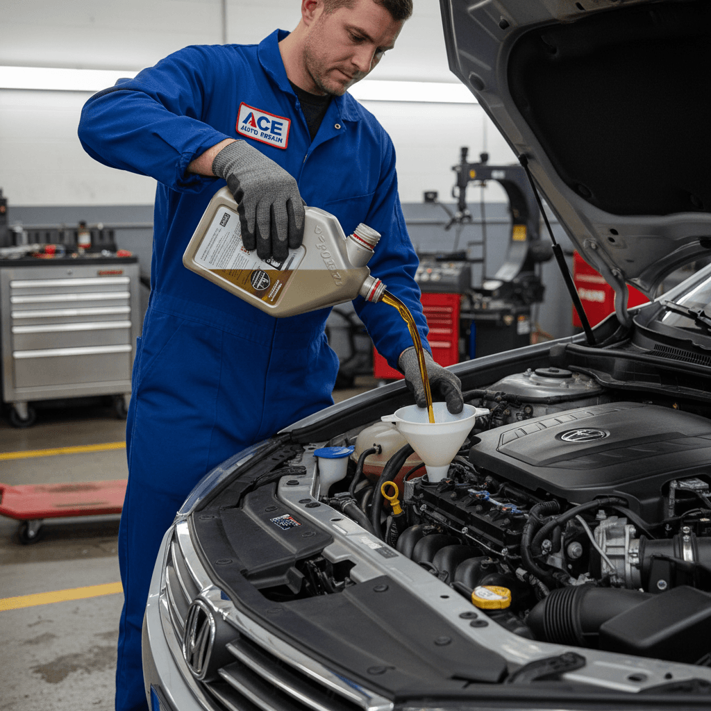 Mechanic pouring fresh motor oil into car engine in service bay