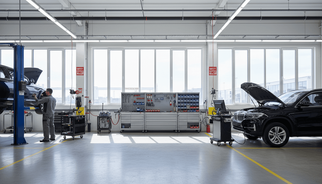 Professional automotive service bay with multiple vehicles at lift stations, technicians performing repairs and diagnostics